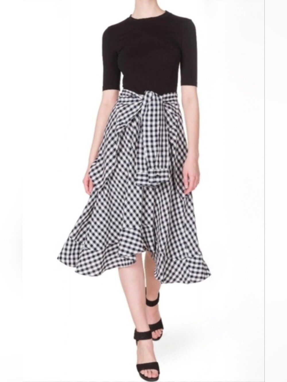 Maje Black & White Midi Dress with Waist Tie